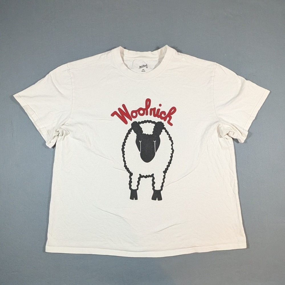 Woolrich Graphic T-Shirt Mens 2XL Cream Sheep Logo Short Sleeve Cotton Tee